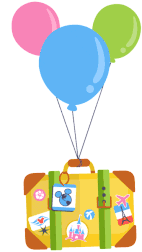 Please Wait :: An illustration depicting a suitcase being floated by Mickey-shaped balloons